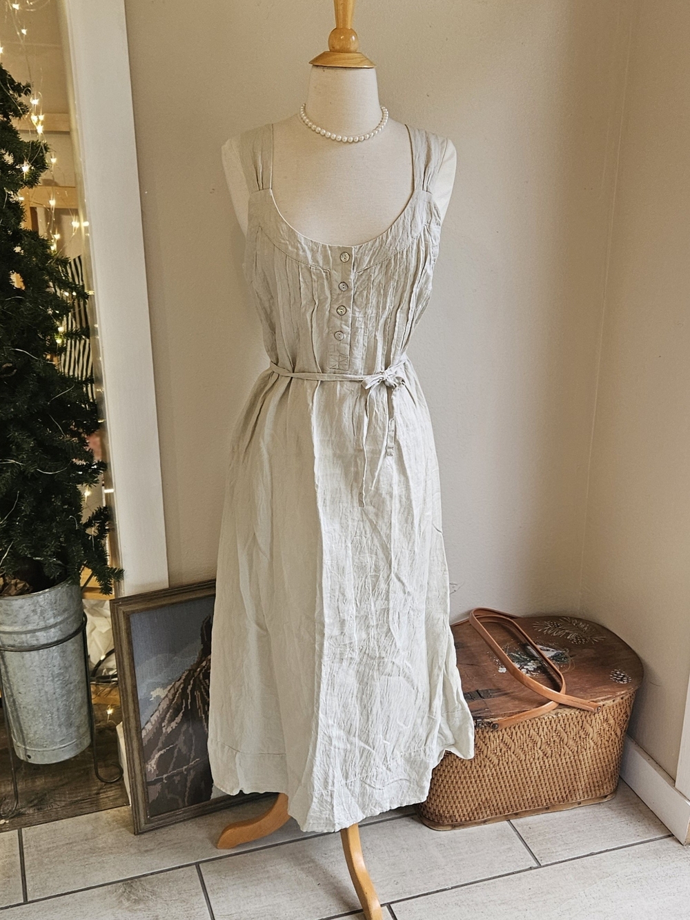 Sleeveless Cream Button-Front Midi Dress I Love Linen